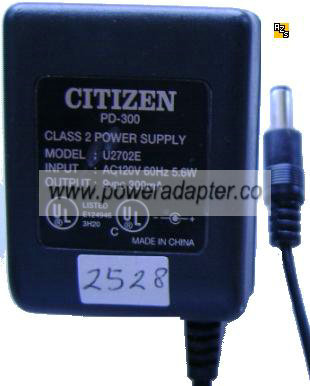 CITIZEN U2702E PD-300 AC ADAPTER 9VDC 300mA 5.6W POWER SUPPLY Cl - Click Image to Close